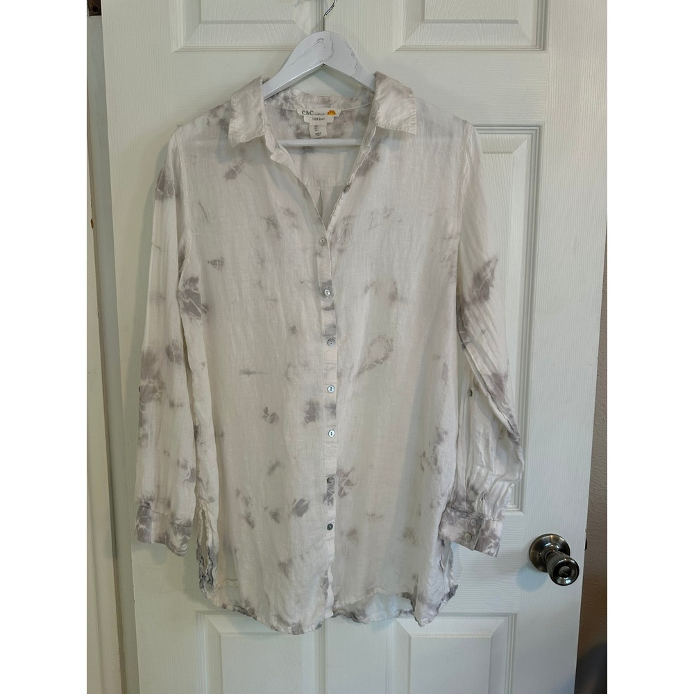 C & C California Linen Tie Dye‎ Button Down Shirt White Grey Relaxed Top Large